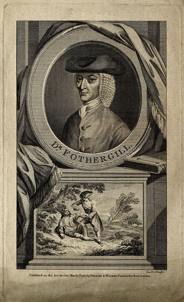 John Fothergill: portrait in oval frame with trompe l'oeil surroundings. Line engraving by [T.] Cook, 1781.