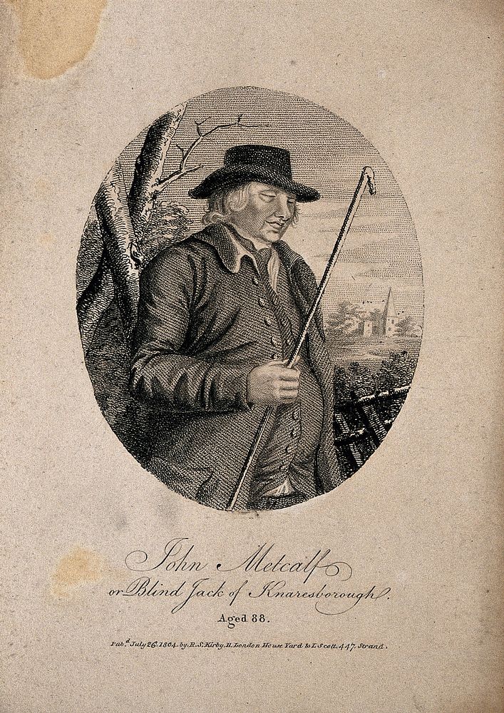 John Metcalf, a blind man, aged 88. Stipple engraving, 1864.