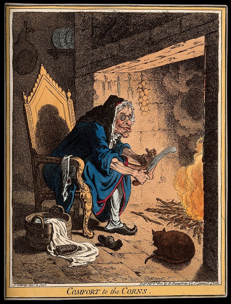 A haggard old woman taking a large file to the corns on her feet. Coloured etching by J. Gillray, 1800, after himself.