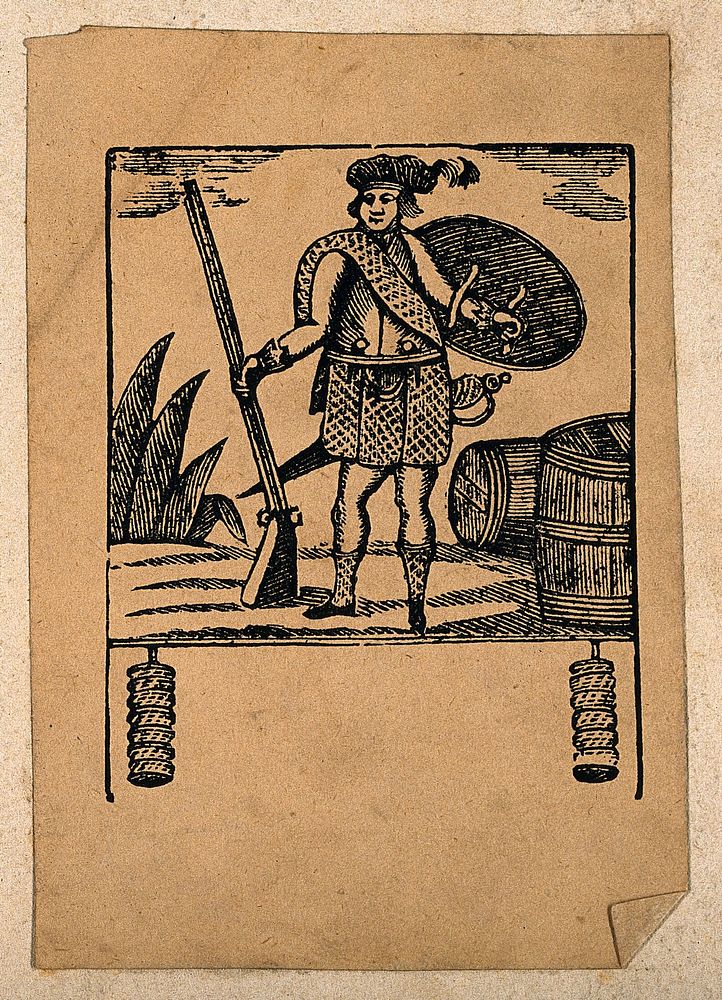 A Scotsman with a rifle, sword and shield guarding barrels (of tobacco). Wood-engraving, mid-19th century.