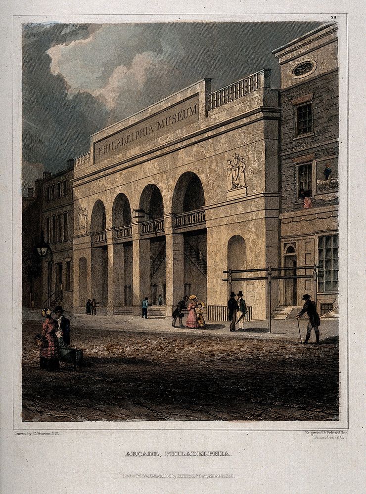Museum, Philadelphia: within the arcade. Coloured engraving by Fenner Sears & Co., 1831, after C. Burton.