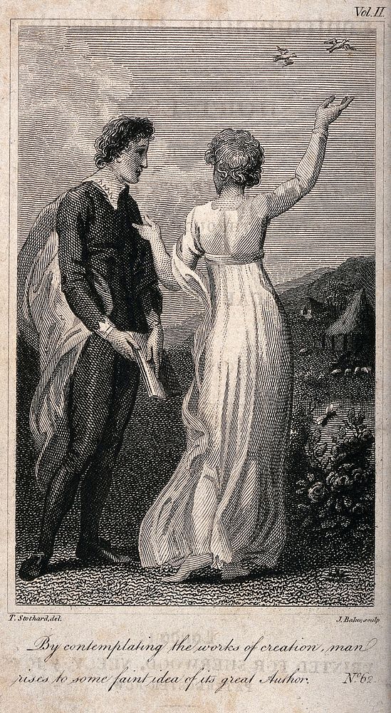 A young man and a woman are standing together in the countryside, he has a book in his hand and she is pointing towards the…