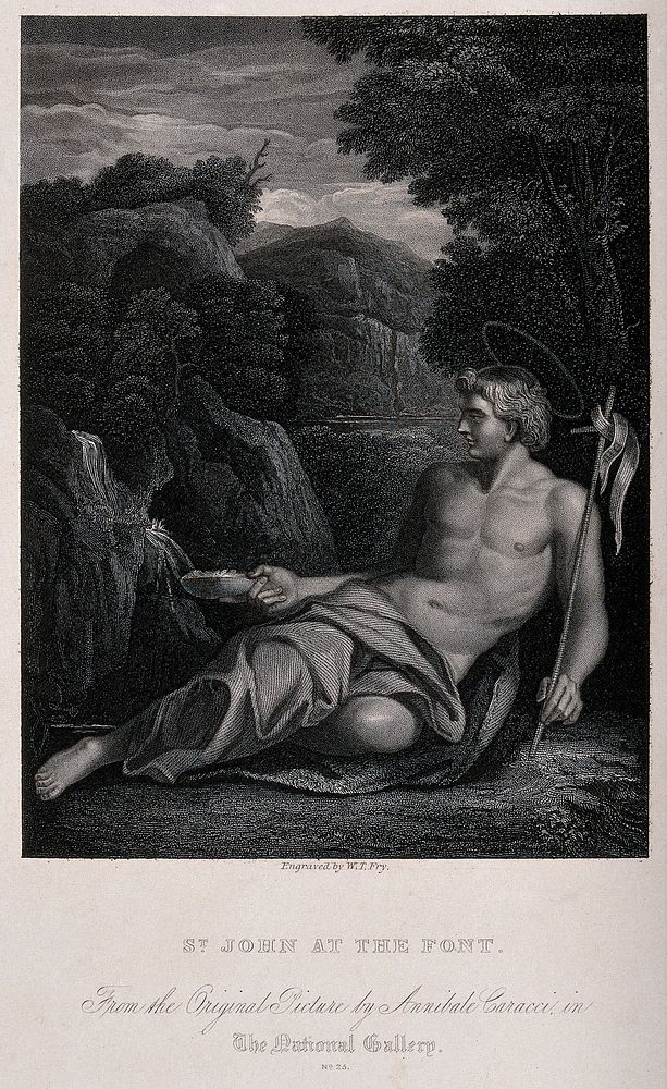 Saint John the Baptist in the wilderness, next to a spring of water. Engraving by W.T. Fry, 1836.