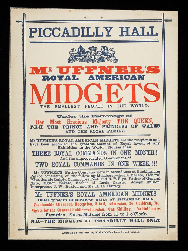 Mr Uffner's Royal American Midgets : the smallest people in the world / Piccadilly Hall.