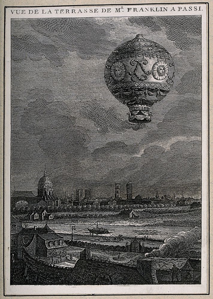 Vista from Benjamin Franklin's residence in Passy (Haute Savoie), showing a hot air ballon in full flight. Engraving with…