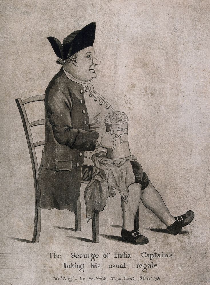 A British sailor sitting contentedly with a tankard of ale. Aquatint with etching, c. 1781.