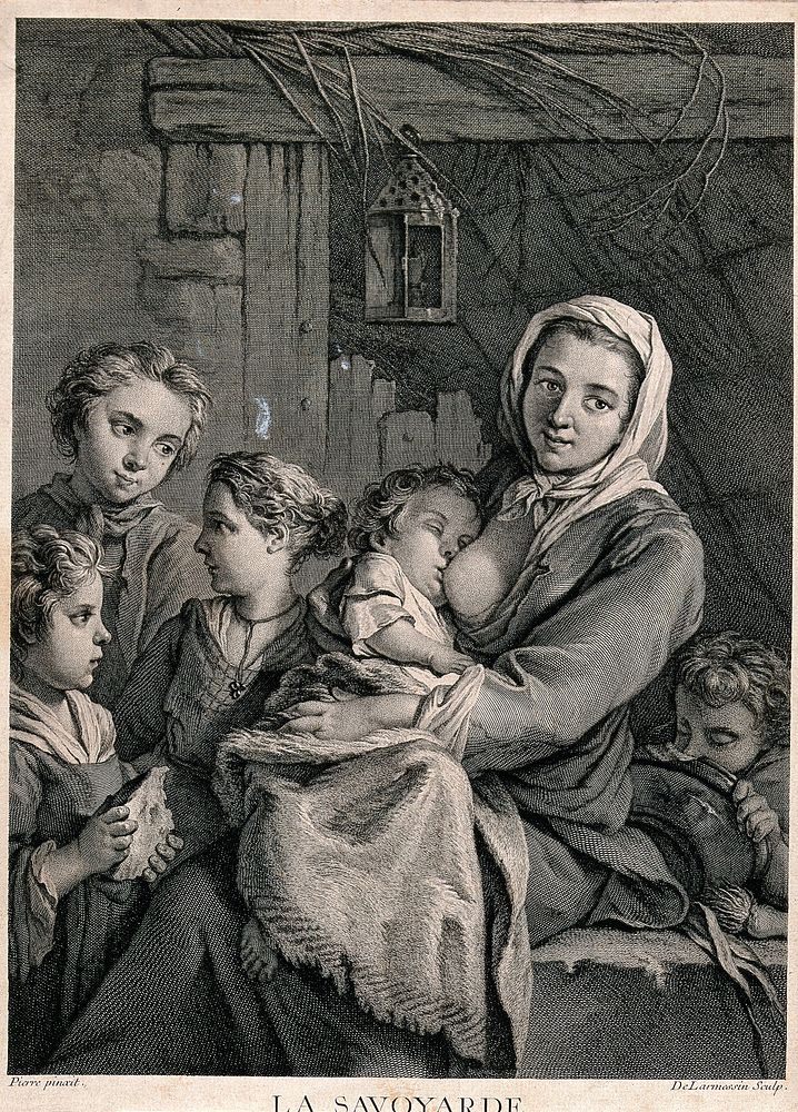A woman from Savoy breastfeeds a baby and other children stand around her. Engraving by N. de Larmessin III after J.B.M.…