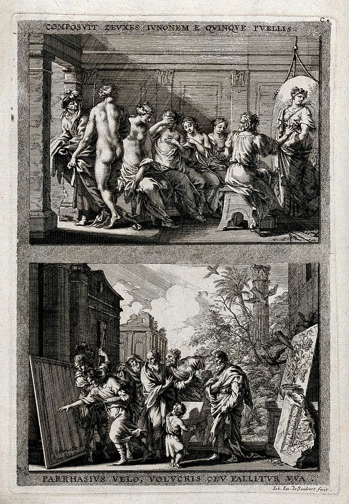 (Above) Zeuxis painting the portrait of Juno from the features of five different women; (below) Parrhasius deceives…