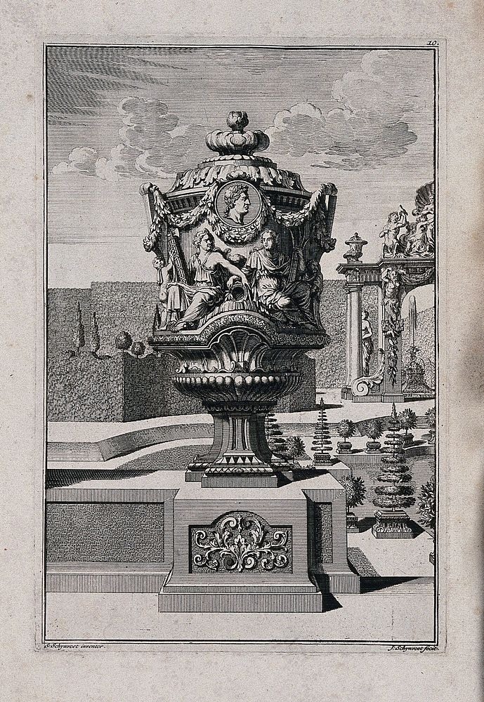 An ornate vase and pedestal with a man and woman making axe sheaths carved in relief on the side. Etching by J. Schynvoet…