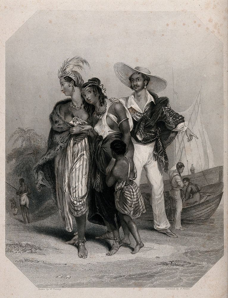 Two black women and a boy on Lake Chad are about to be led away into slavery by a Spaniard. Stipple engraving by E. Finden…