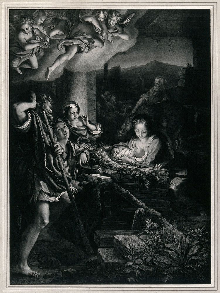 The adoration of the shepherds. Lithograph by F. Hanfstaengl, 1838, after Antonio Allegri, il Correggio.