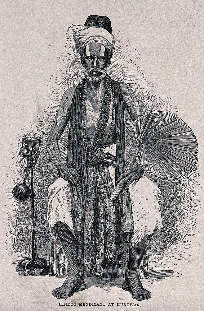 A Hindu ascetic, or holy man, at Haridwar: seated, holding a fan. Wood engraving, ca. 1870.