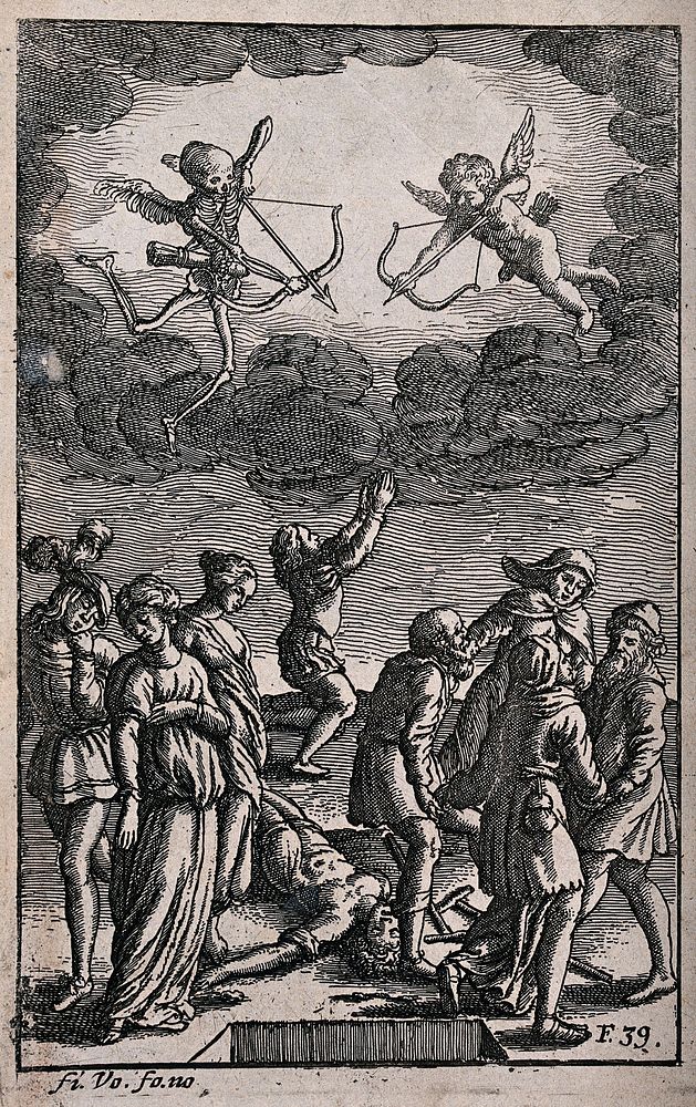 A dead figure lies between two groups of figures with Cupid and a skeleton flying above. Etching.
