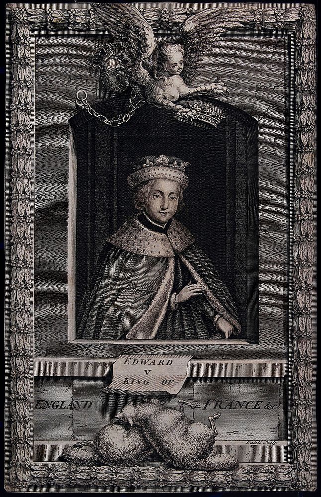 King Edward V; above, a harpy holding a crown above his head; below, two lambs. Etching by J. Hulett, 17--, after G. Vertue…
