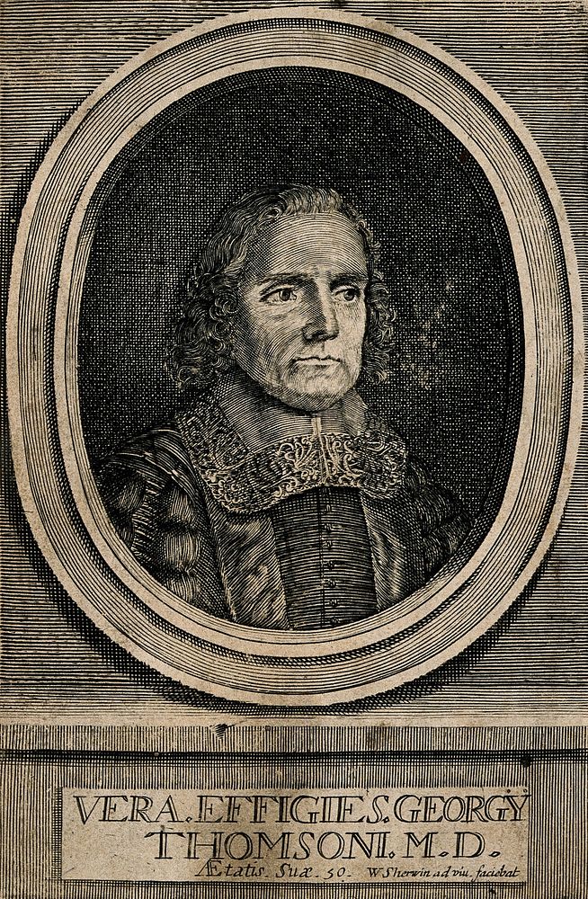 George Thomson. Line engraving by W. Sherwin, 1670, after himself.