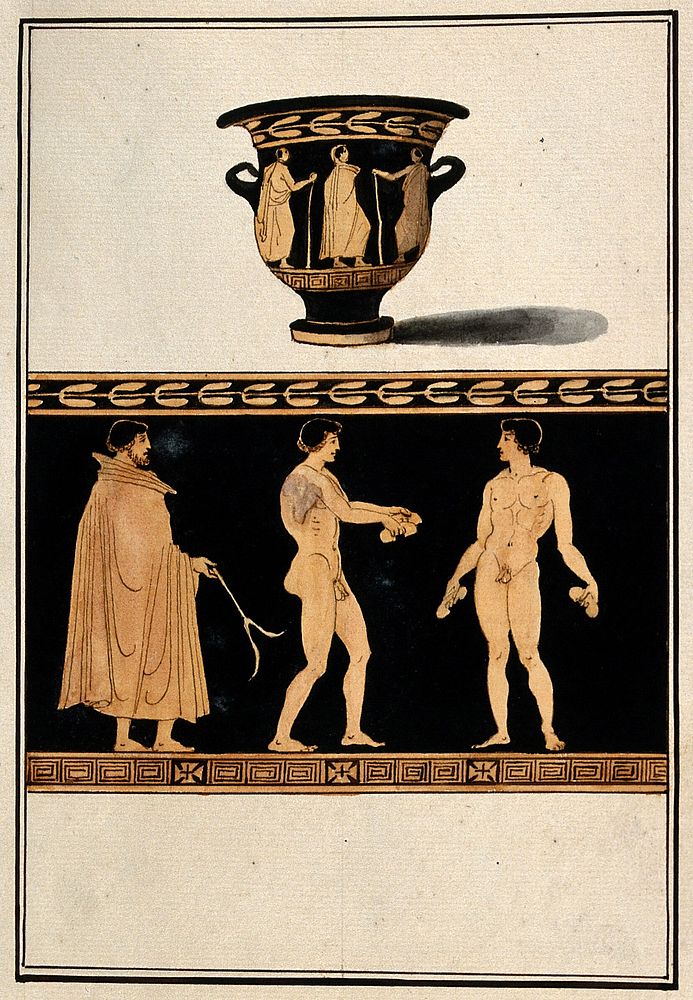 Above, red-figured Greek wine bowl (bell krater); below, detail showing two naked men and a man wearing a cloak. Watercolour…