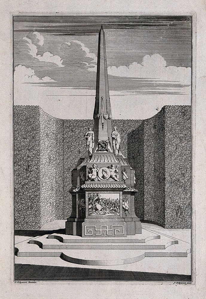 An ornate garden obelisk with a battle scene carved on the base. Etching by J. Schynvoet after S. Schynvoet, early 18th…
