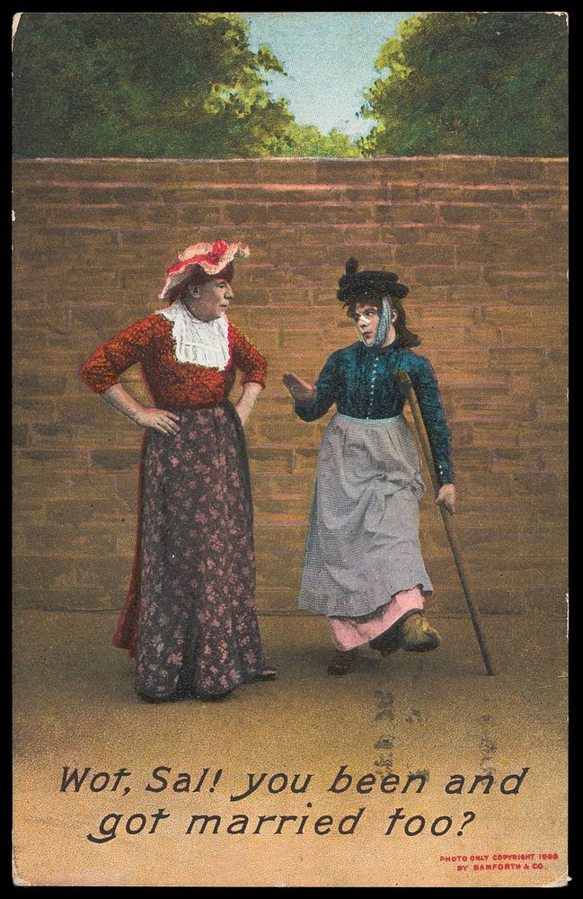 Two men dressed in drag having a conversation: one is injured as a result of wife-beating. Colour lithograph, 1908.