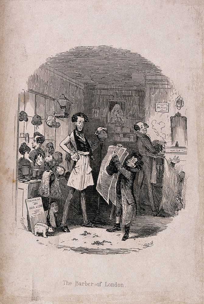 A barber's shop near Lincoln's Inn, London: a man answering an advertisement for the barber's assistant points to the…