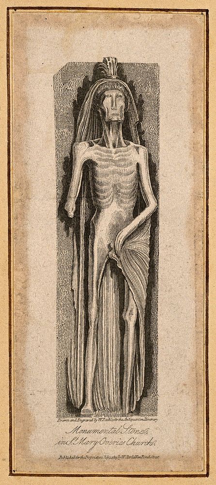 Monumental stone figure from St. Mary Overies Church: an emaciated figure partially wrapped in a shroud, front view.…