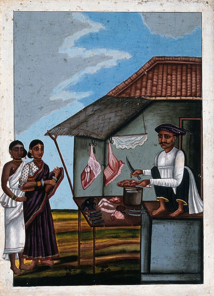Indian butcher selling meat to some customers. Gouache drawing.