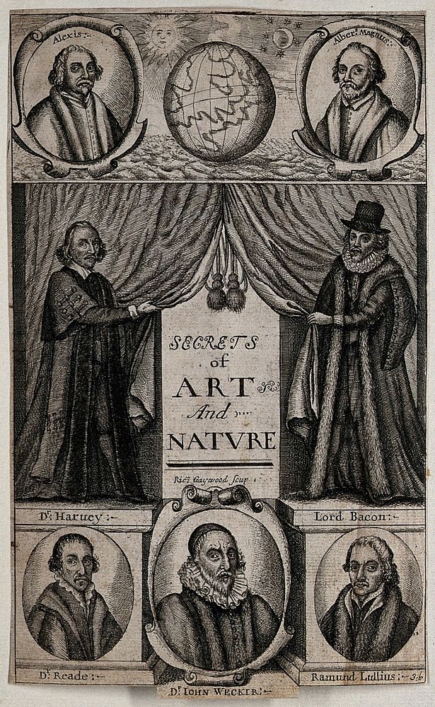 Above, Alexis of Piedmont and Albertus Magnus; centre, William Harvey and Francis Bacon drawing aside a curtain to reveal…