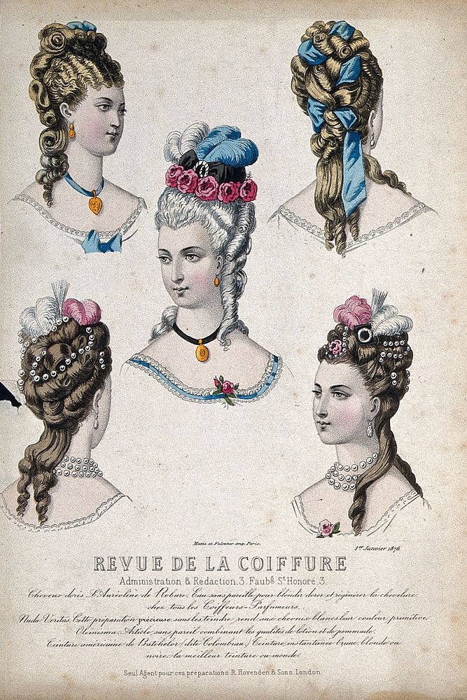 The heads and shoulders of five women with their hair combed back and dressed with chignons decorated with ribbons…
