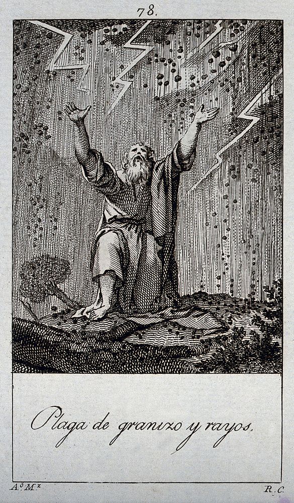 The plague of hail. Engraving by R. Camaron after A. Martinez.