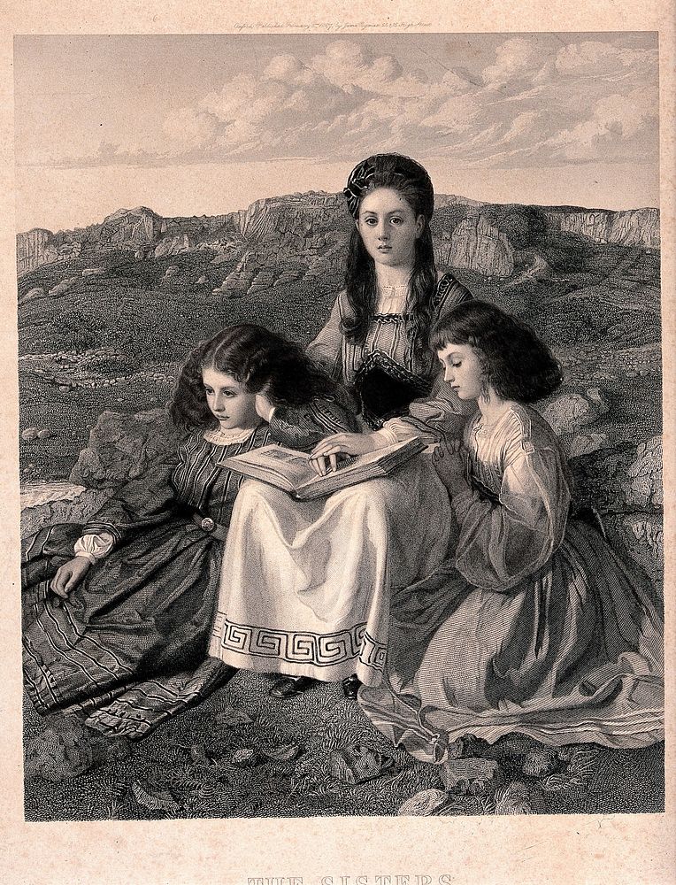 Edith Mary Liddell; Ina Liddell; and Alice Liddell, sitting in a grassy landscape at Llandudno with a book. Engraving after…