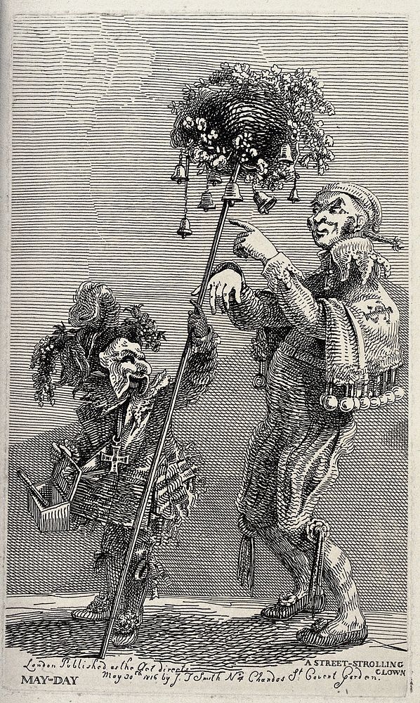 Two performing street entertainers carrying bells and performing on the street. Etching by J.T. Smith, 1816.