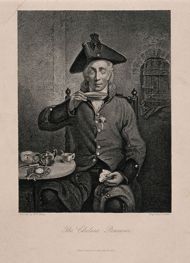 A Chelsea Pensioner, wearing a sprig of orange blossom [] in his buttonhole, sipping a dish of tea. Engraving by J. Jenkins…
