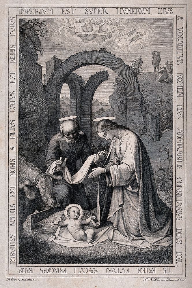 The birth of Christ among ruins. Engraving by J. Keller after F. Overbeck.
