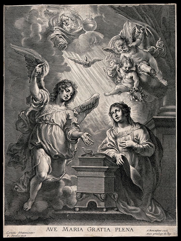 The Annunciation to the Virgin, who kneels at a prie-dieu. Engraving by P. Pontius after C. Schut.
