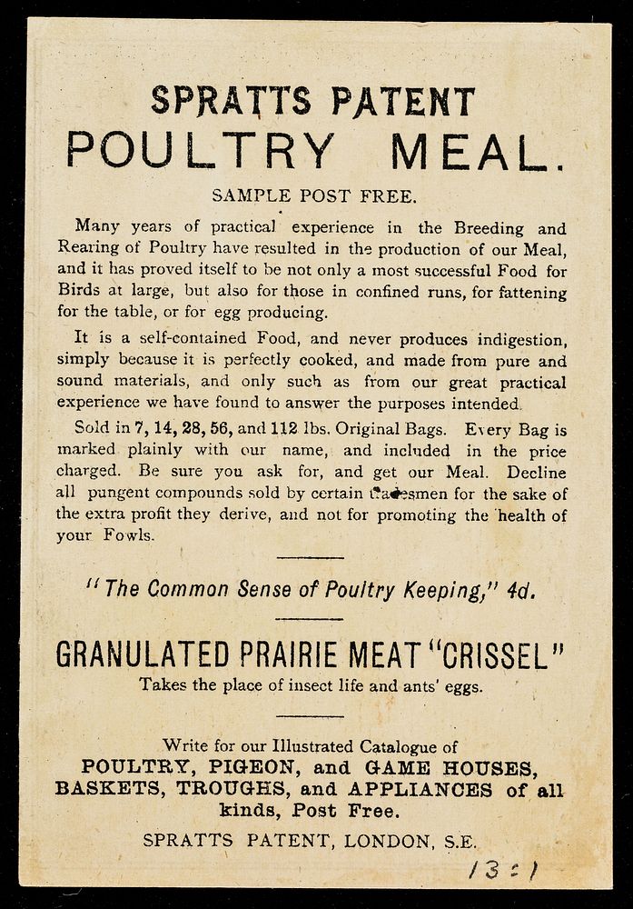 Spratts patent "pure fibrine" poultry meal & poultry appliances / [Spratt's Patent].