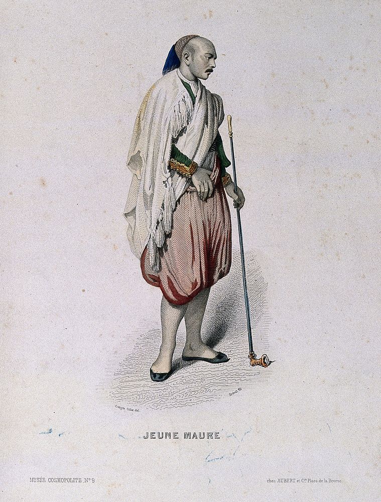 A young Moorish man smoking a long-stemmed pipe. Coloured etching by Préval, mid-19th century, after F.C. Compte-Calix, 184-.