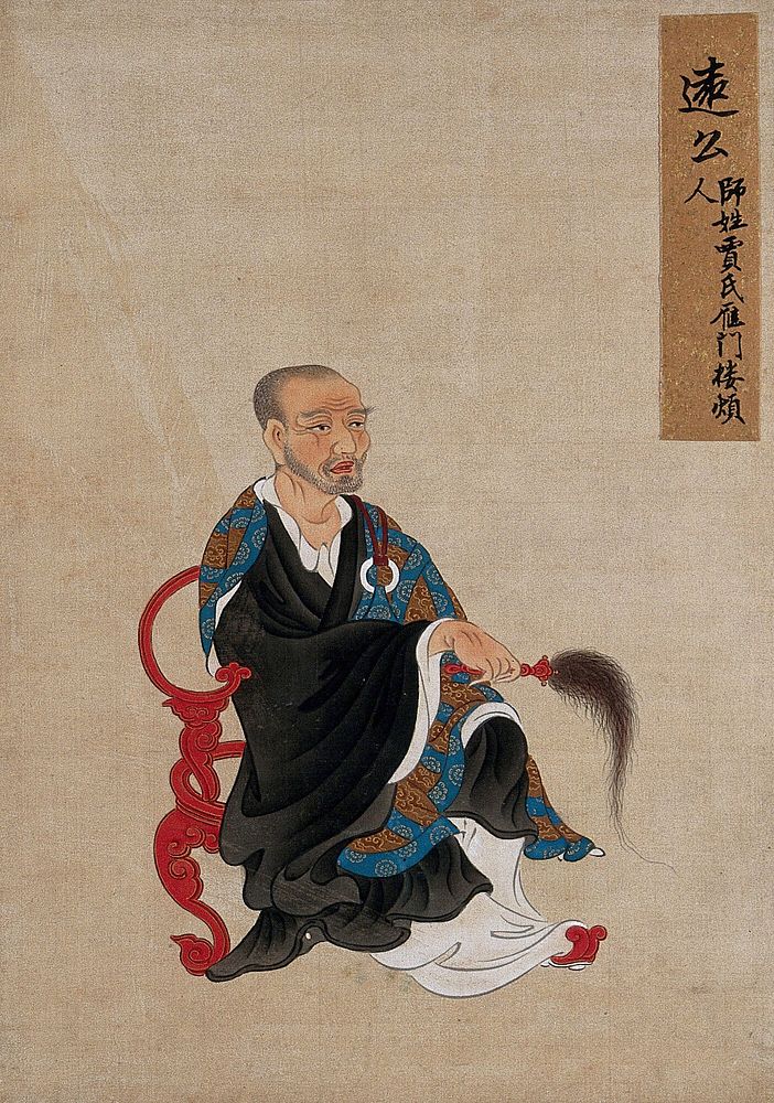 A Chinese figure, seated, wearing black robes with a black, with flywhisk. Painting by a Chinese artist, ca. 1850.