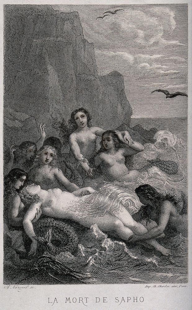 The death of Sappho. Engraving by A.J. Nargeot.