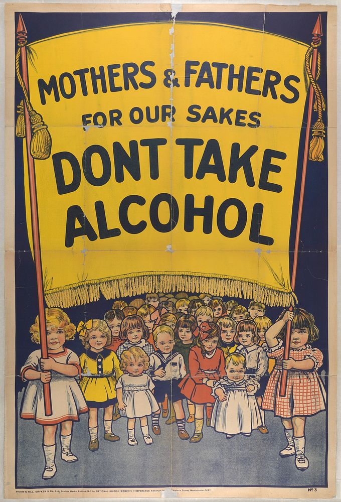 Children demonstrating against alcohol. Colour lithograph, 189-.