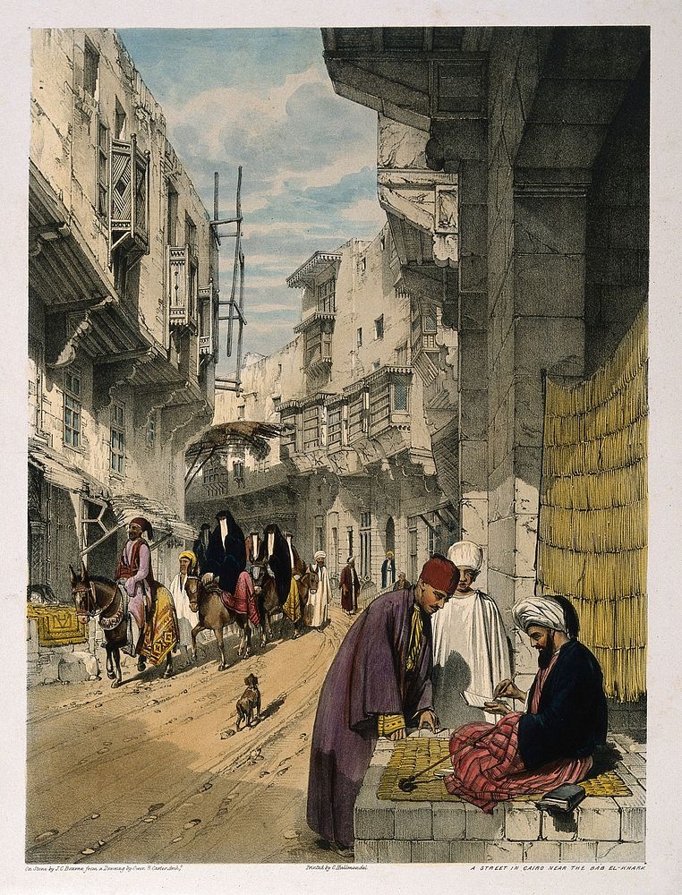 A street scene in Cairo with a street seller at work. Coloured lithograph by J. C. Bourne, c. 1840, after O. B. Carter.