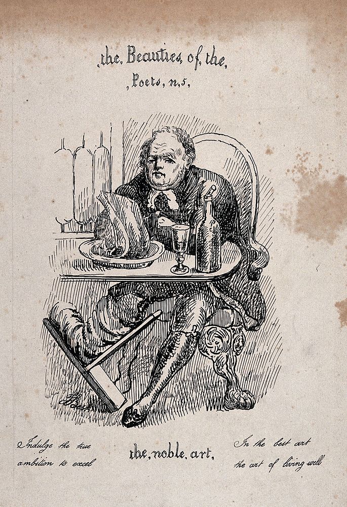 A gouty vicar dining on meat and wine. Etching by T. Best.