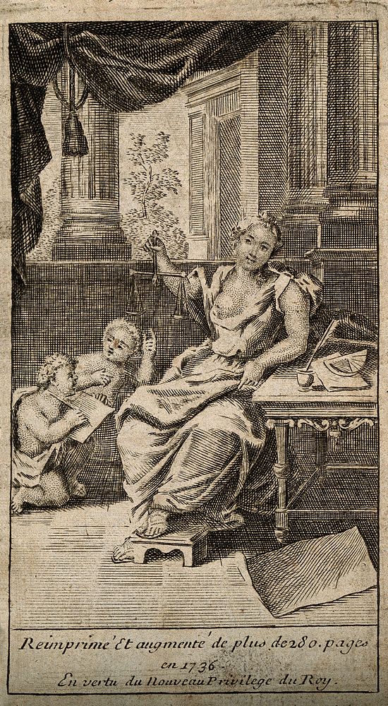 A female figure holding a pair of scales, resting her foot on a footstool; representing justice. Etching, c. 1736.