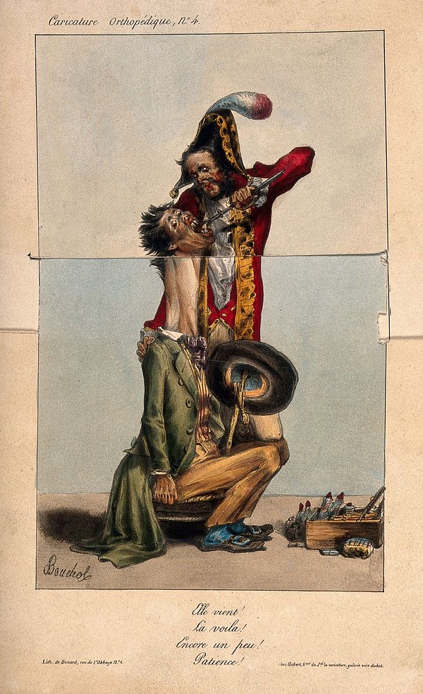 A tooth-drawer extracting a tooth from his patient. Coloured extendable lithograph by F. Bouchot, ca. 1832.