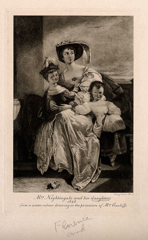 Mrs Nightingale with her daughters, Florence and Parthenope. Photogravure by E. Walker after a watercolour, 1828.