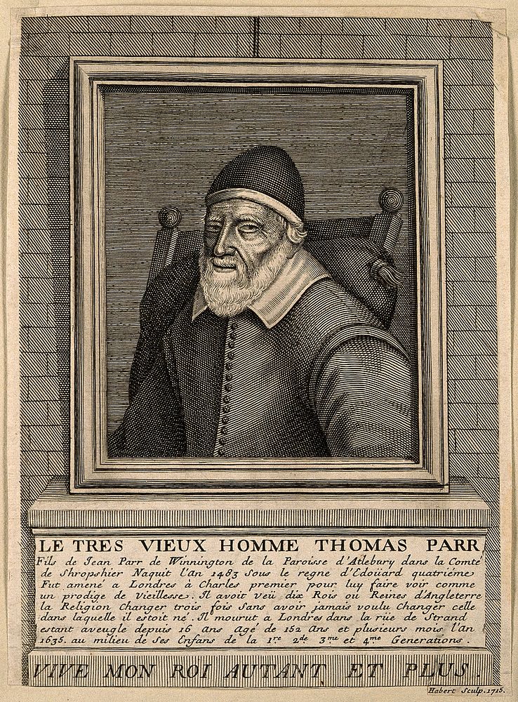 Thomas Parr, aged 152. Line engraving by N. Habert, 1715.