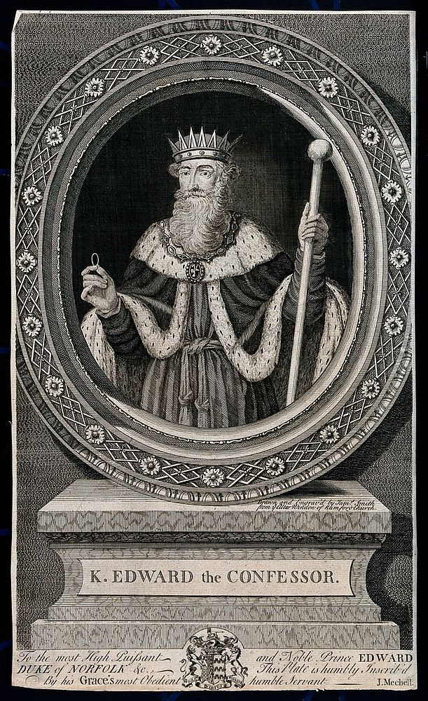 King Edward the Confessor, holding a ring and a sceptre. Engraving by J. Smith, 1732.