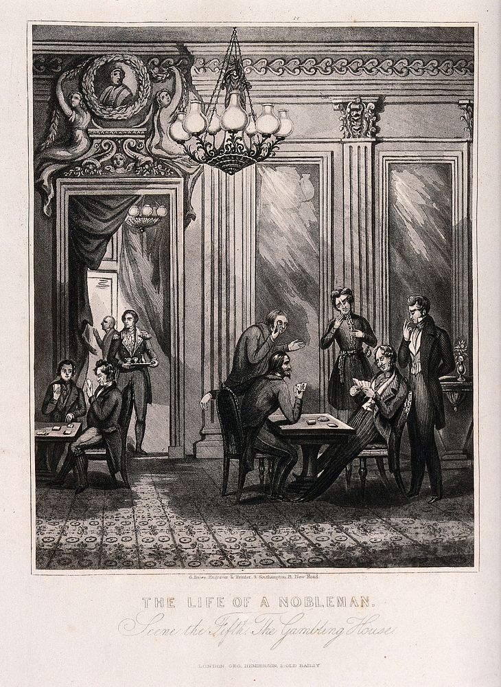 A nobleman losing money playing cards in a grandly-appointed gaming house. Aquatint after H. Dawe, 184-.
