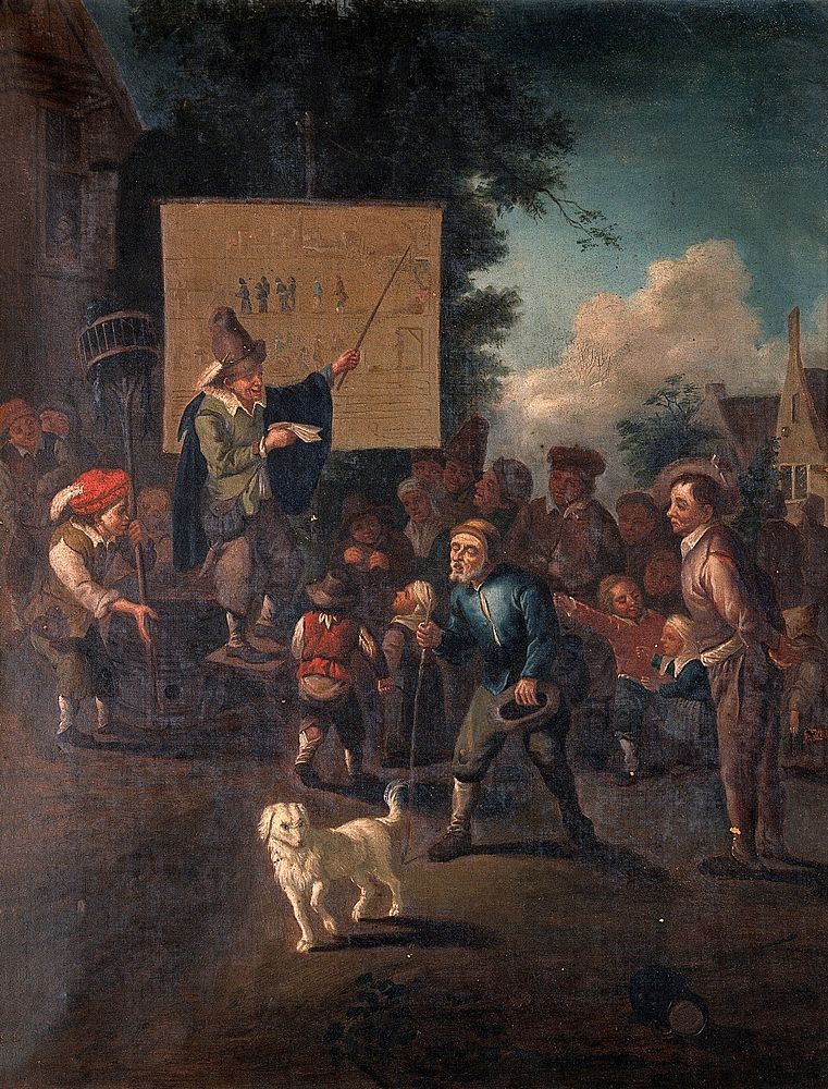 A crowd gathered around a mountebank who points to a banner illustrating various methods of execution; to the left stands a…