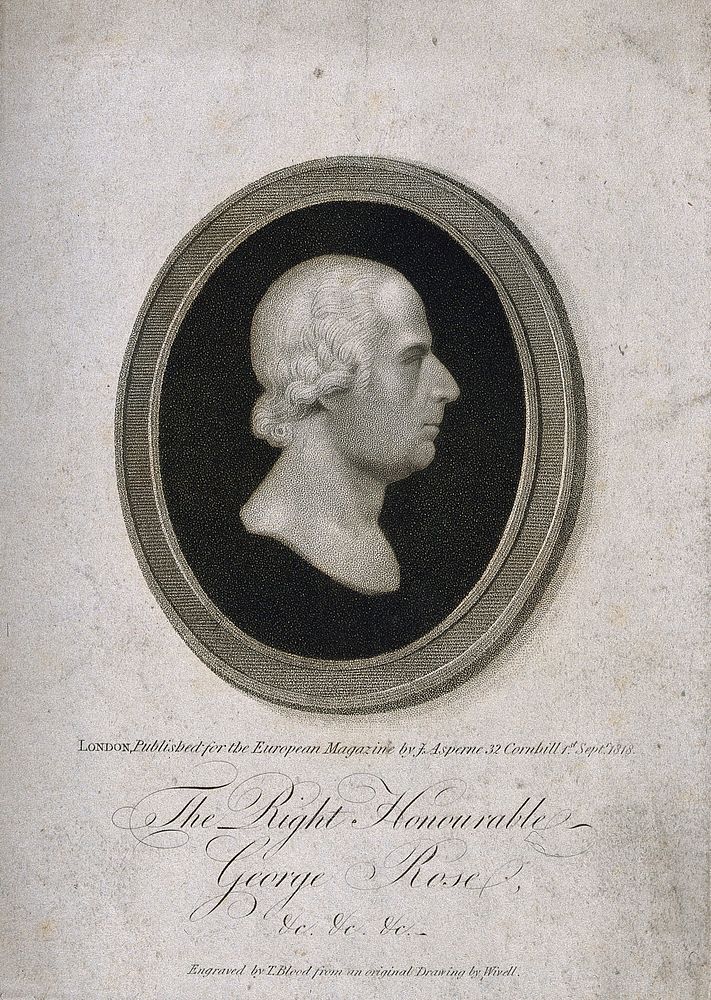 George Rose, in profile, in a roundel. Stipple engraving by T. Blood after A. Wivell, 1818.