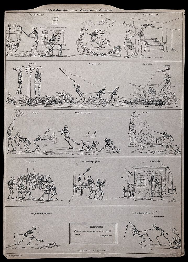 Skeletons acting out phrases in James Thomson's "The seasons": fourteen scenes. Etching by H. J. Pidding, 1822.