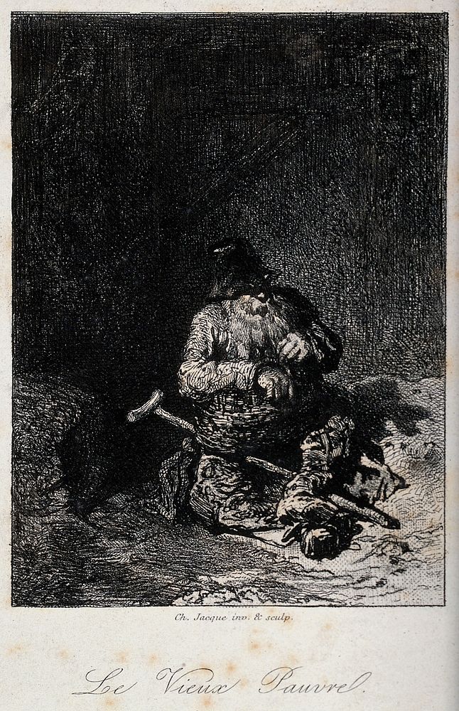 An old man sitting cross-legged on the ground next to his crutches. Etching by C. Jacque.